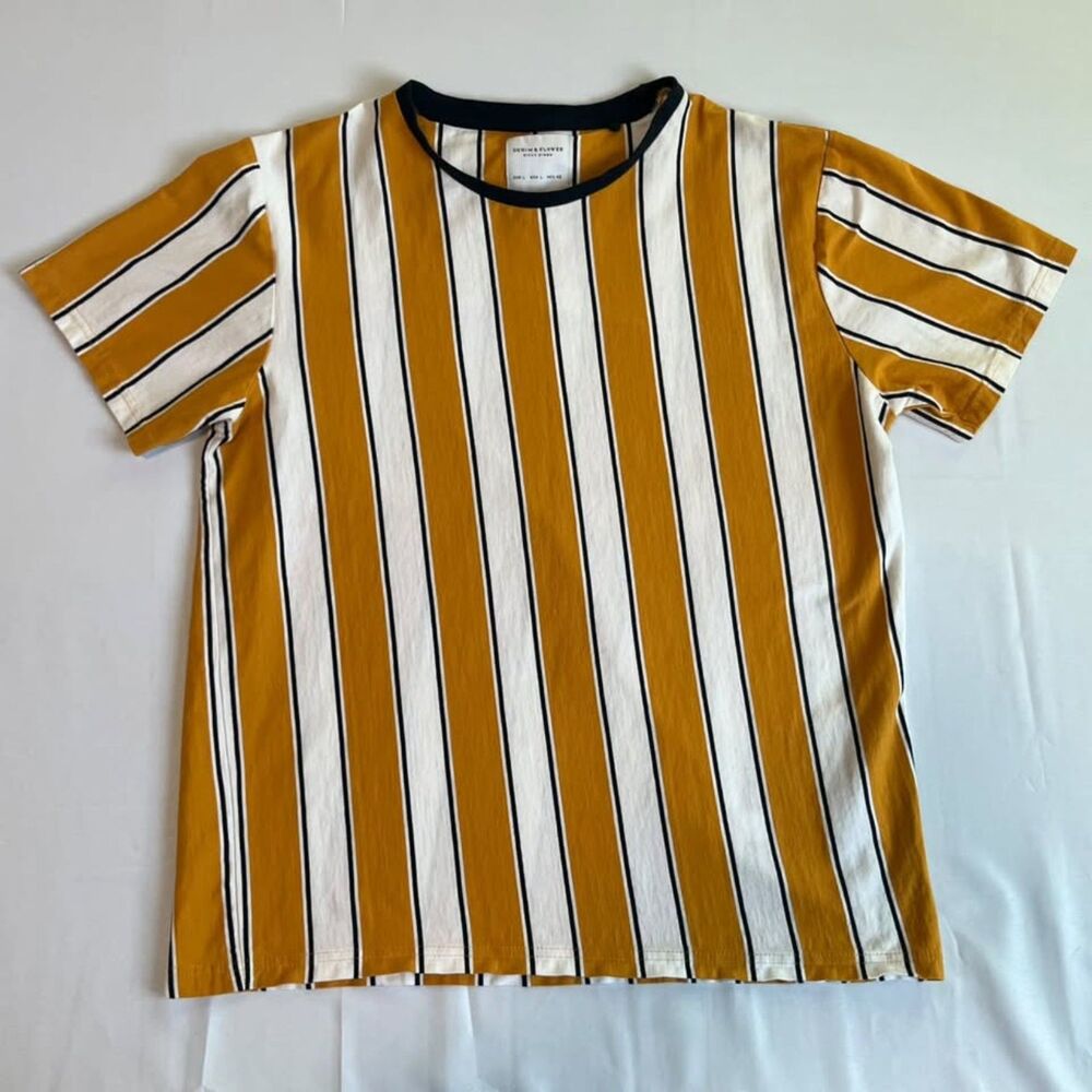 Denim & Flower Ricky Singh Men's Large L Mustard Yellow Striped T-Shirt Cotton